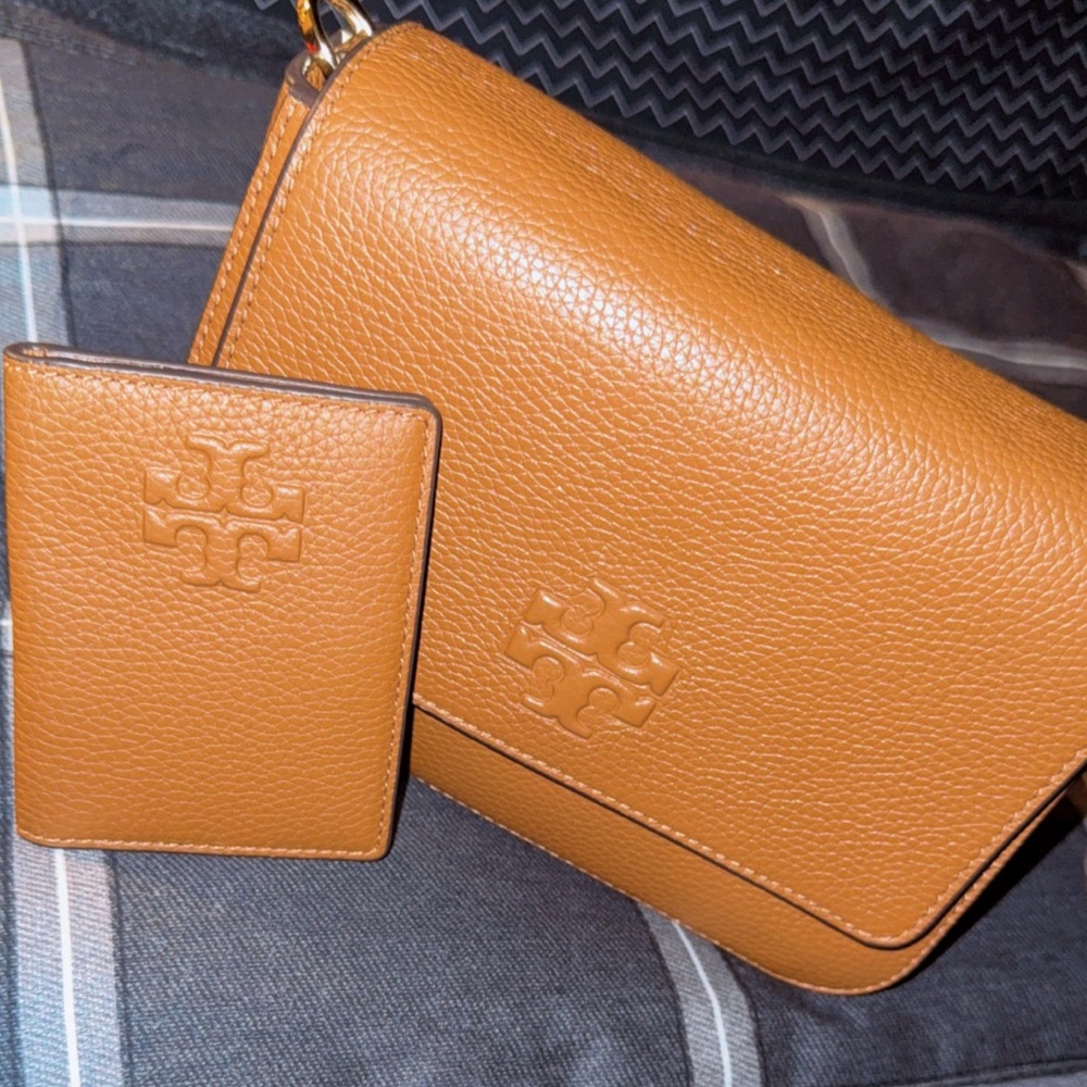 Tory Burch Tan Leather Crossbody Bag and Card Holder